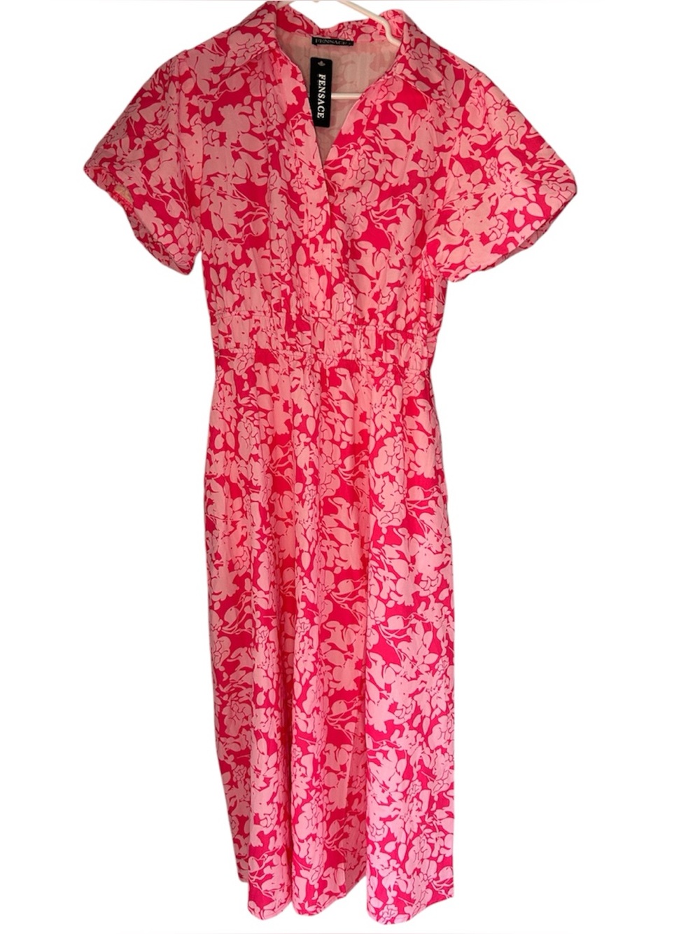 Fensace (Amazon) Pink on pink Floral Midi Dress pockets Small Puff Sleeve VNeck